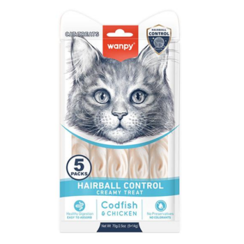 Wanpy Hairball Control Ласощі для котів рідкі Тріска та курка 5х14 г
