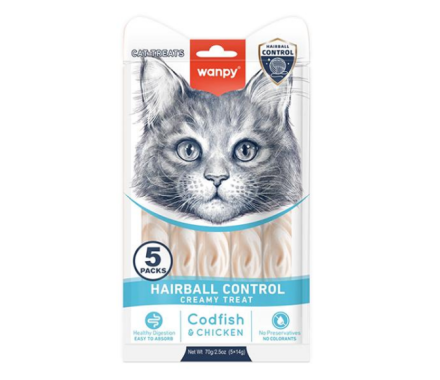 Wanpy Hairball Control Ласощі для котів рідкі Тріска та курка 5х14 г