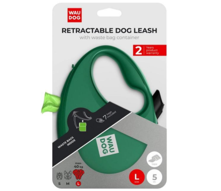 Waudog R-leash Рулетка-поводок для собак с контейнером для пакетов S 3 м зелёный