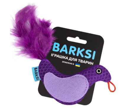 Barksi Игрушка для кошек Птичка с 3D сеткой, пером и бубенчиком фиолетовая