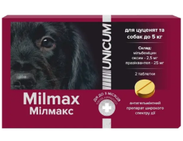 Unicum Мильмакс Таблетки для щенков и собак мелких пород Противогельминтные до 5 кг 2,5/25 мг 2 табл