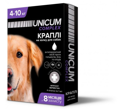 Unicum Complex Капли для собак от гельминтов, блох и клещей 4-10 кг 1,0 мл Цена за 1 пипетку