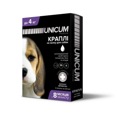 Unicum Complex Капли для собак от гельминтов, блох и клещей до 4 кг 0,5 мл Цена за 1 пипетку