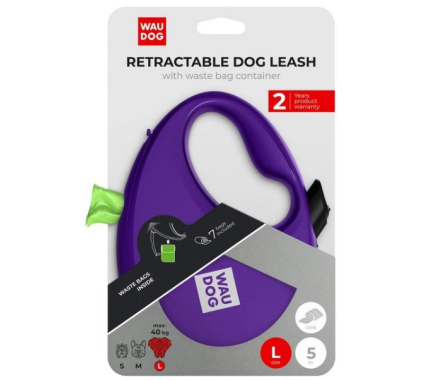 Waudog R-leash Повідець-рулетка для собак з контейнером для пакетів L 5 м фіолетовий