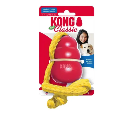 Kong Classic with Rope toy for dogs for treats with rope m red
