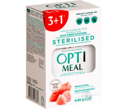 Optimeal Набір Sterilised Вологий корм для котiв Iндик та курка 3+1 340 г