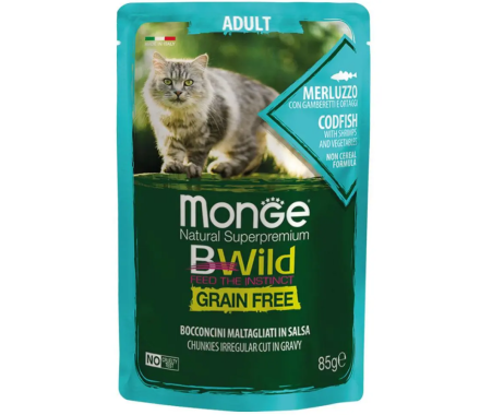 Monge Влажный корм для котов Bwild Grain Free Треска с креветками и овощами 85 г